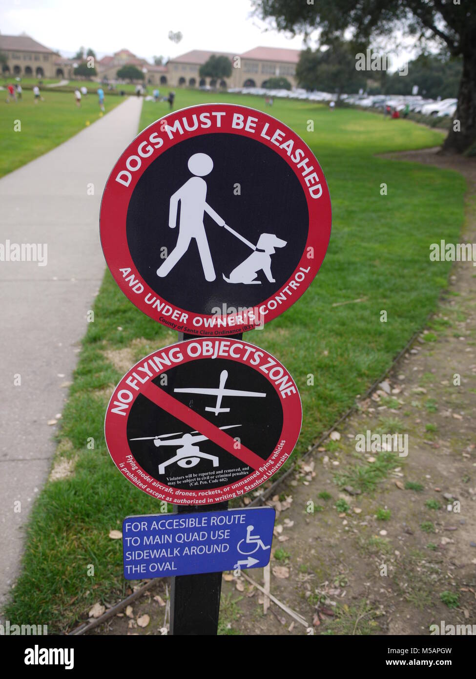 Panel prohibiting the flight of drone in front of Stanford university, California, USA Stock Photo