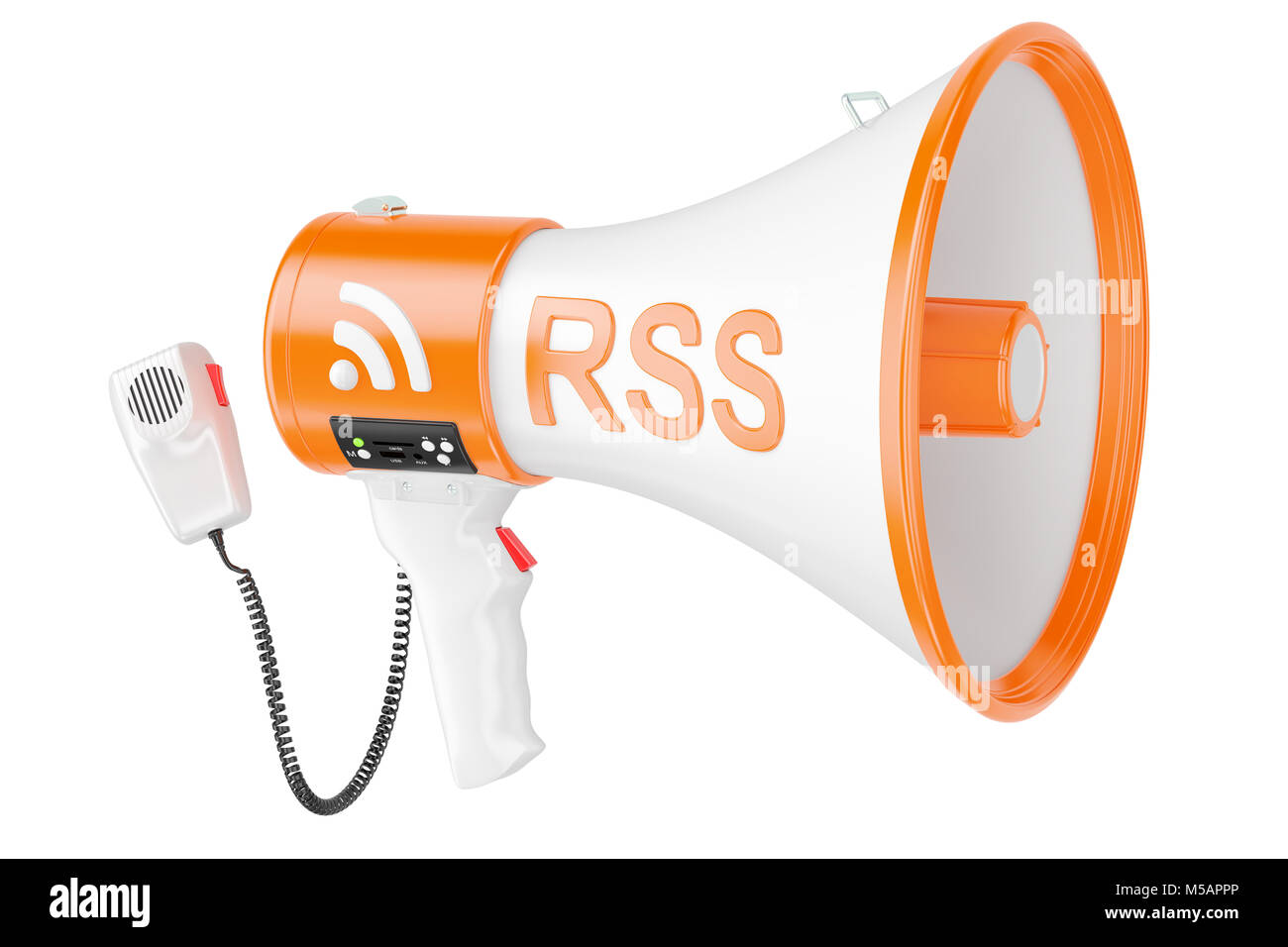 Megaphone with RSS logo podcast, 3D rendering isolated on white background Stock Photo