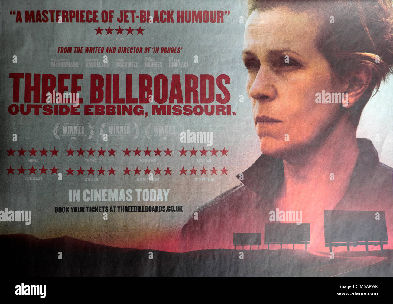 Three Billboards Outside Ebbing, Missouri Oscar Award Winning movie advertisement in a UK newspaper with Hollywood woman actor Frances McDormand Stock Photo