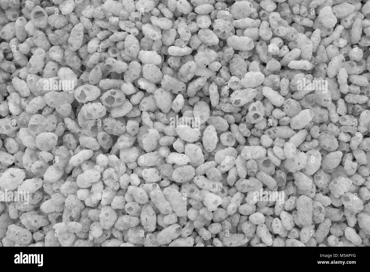 Crisped puffed rice breakfast cereal as an abstract background texture - close detail - monochrome processing Stock Photo