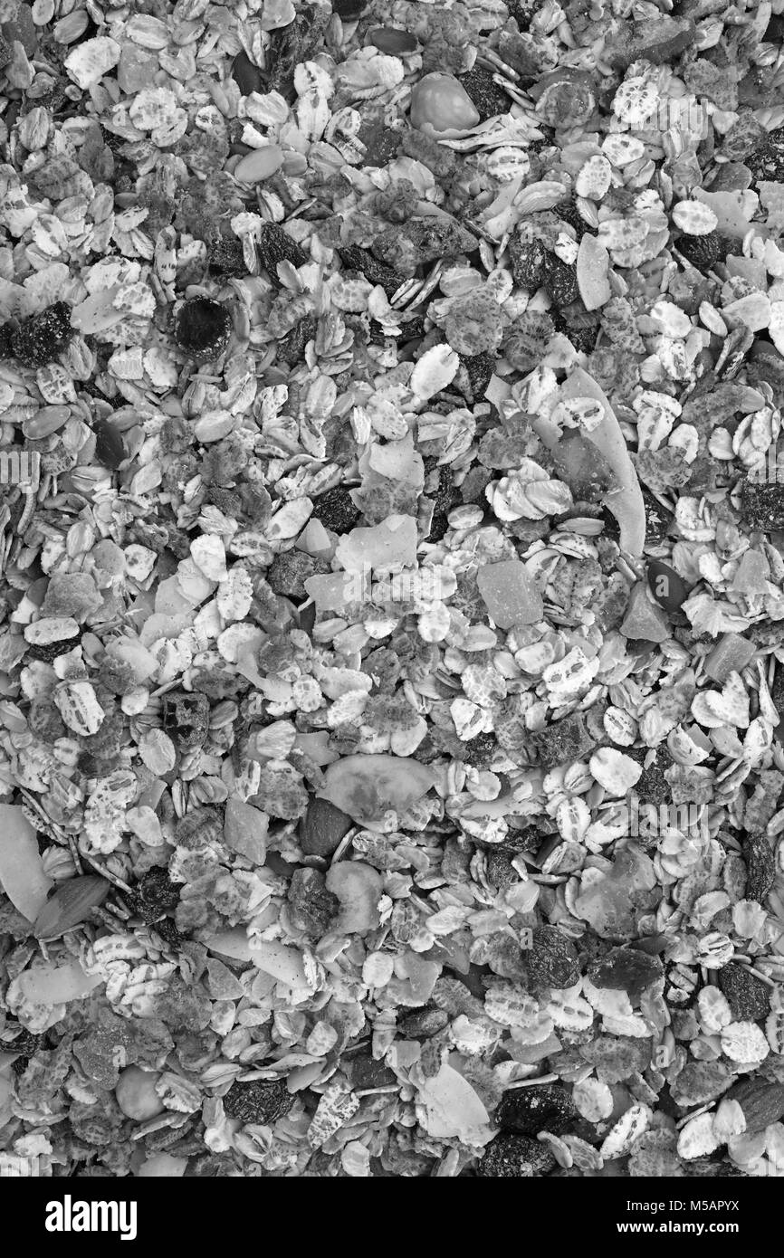 Muesli cereal with seeds, mixed fruit and nuts - as an abstract background texture - monochrome processing Stock Photo