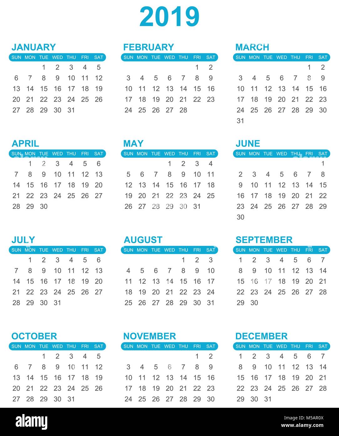 Simple Editable Vector Calendar For Year 2019 Sundays First On White 