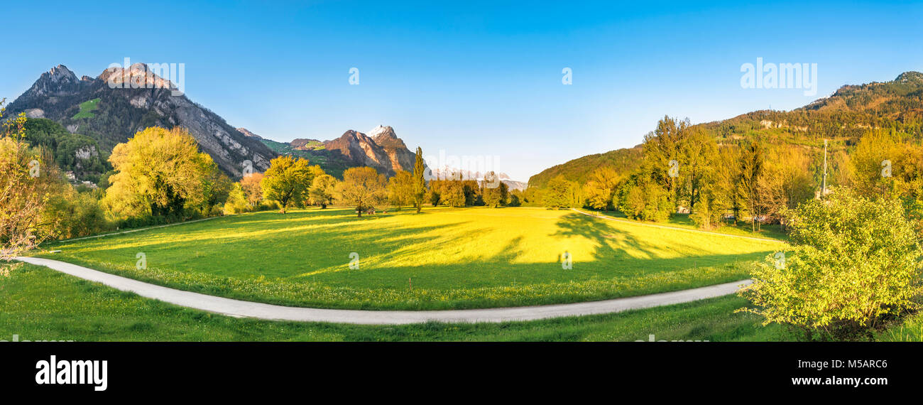 Amazing panorama of the Swiss Alps mountains, green meadows, forests and a trail for walking, under the light of a spring sunset, in Wessen, Switzerla Stock Photo