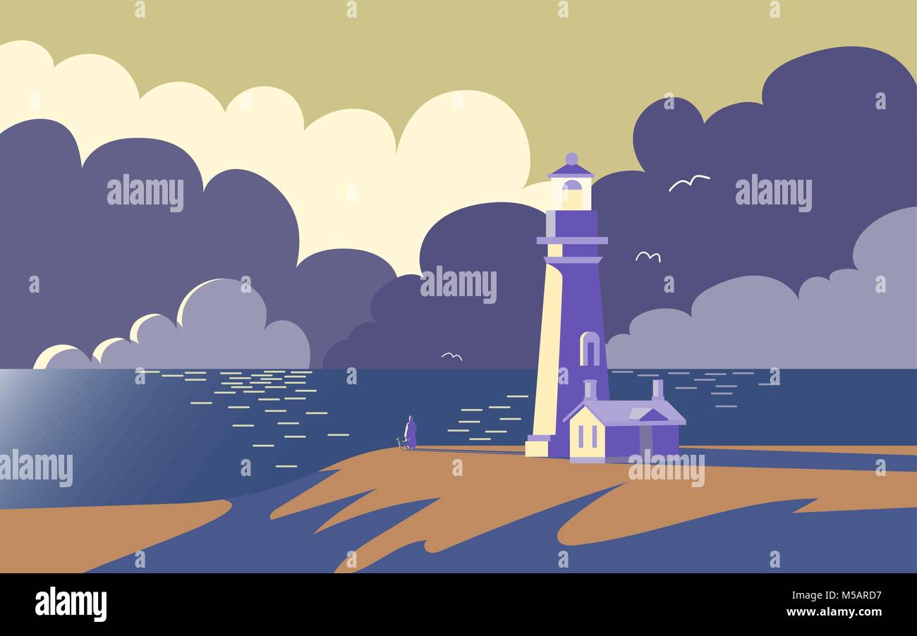 Landscape with lighthouse, vector illustration. Sunset at sea after storm. Stock Vector