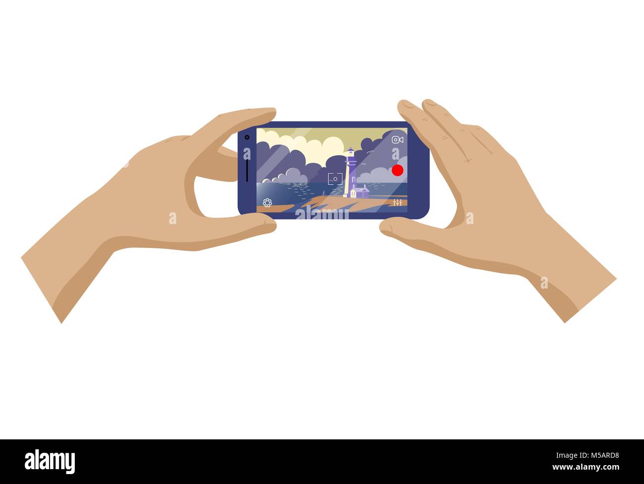 Hands of travel man making photo or video of landscape with lighthouse and sea on smartphone. Vector illustration. Stock Vector