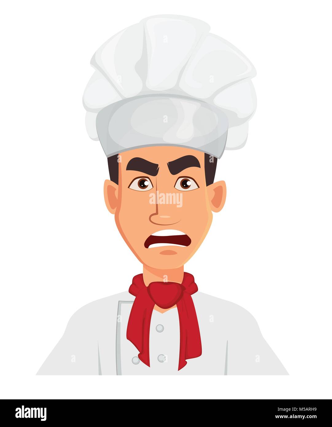 Face expression of chef man – angry. Restaurant staff character. Vector illustration isolated on white background. Stock Vector