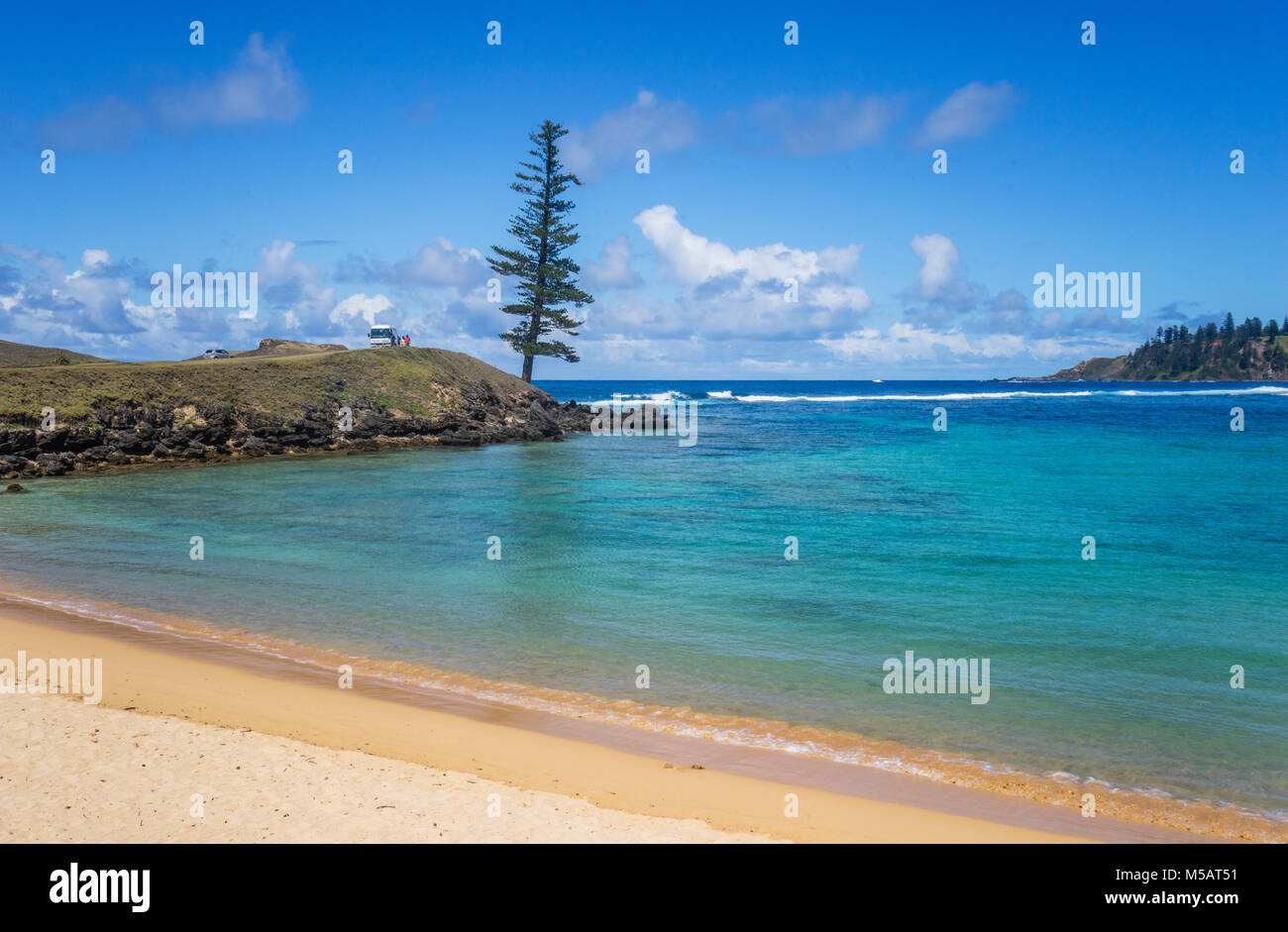 Norfolk Island, Australian external territory, Emily Bay, view of Point Hunter and the lone pine Stock Photo
