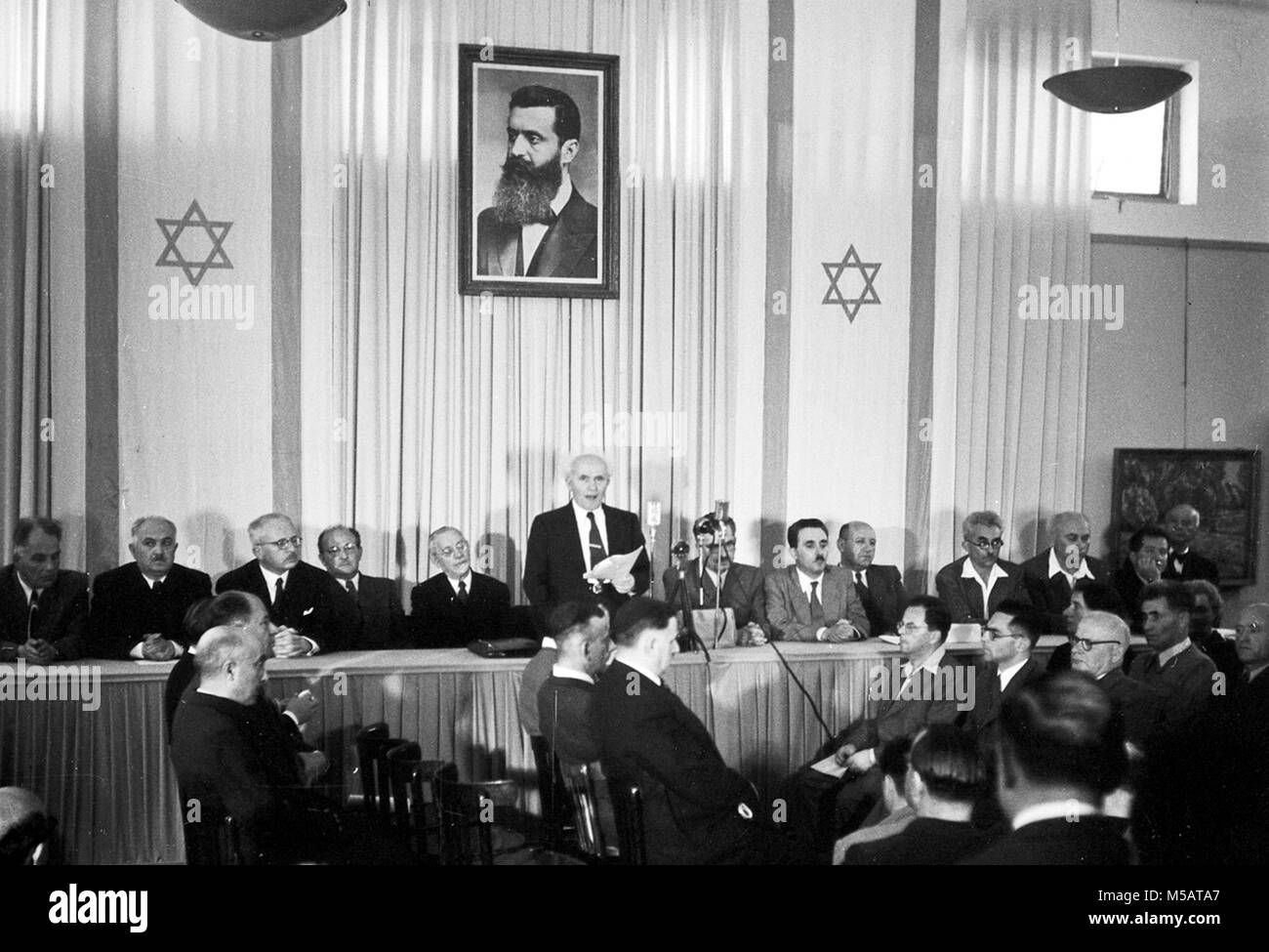David Ben-Gurion (First Prime Minister of Israel) publicly pronouncing the Declaration of the State of Israel, May 14 1948, Israel Stock Photo