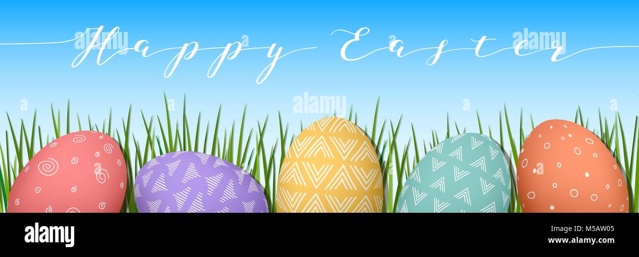 Easter colorful eggs in row. Blue sky background with text decorated ...