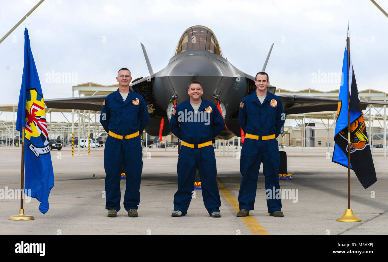 Air Reserve Technicians from the 944th Aircraft Maintenance Squadron, (from left) Staff Sgt. Danny Spence, assistant dedicated crew chief, Tech Sgt. John Robinson, dedicated crew chief, and Staff Sgt. Andrew Martin, ADCC, pose for a Stock Photo