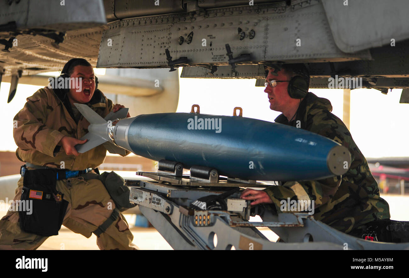 U.S. Airmen load a bomb onto an A-10C Thunderbolt II during the Bushwhacker 18-02 Cactus Flag exercise at Davis-Monthan Air Force Base, Ariz., Feb. 13, 2018. Cactus Flag is designed to ensure Davis-Monthan AFB is ready to deliver attack aircraft anywhere in the world. (U.S. Air Force Stock Photo
