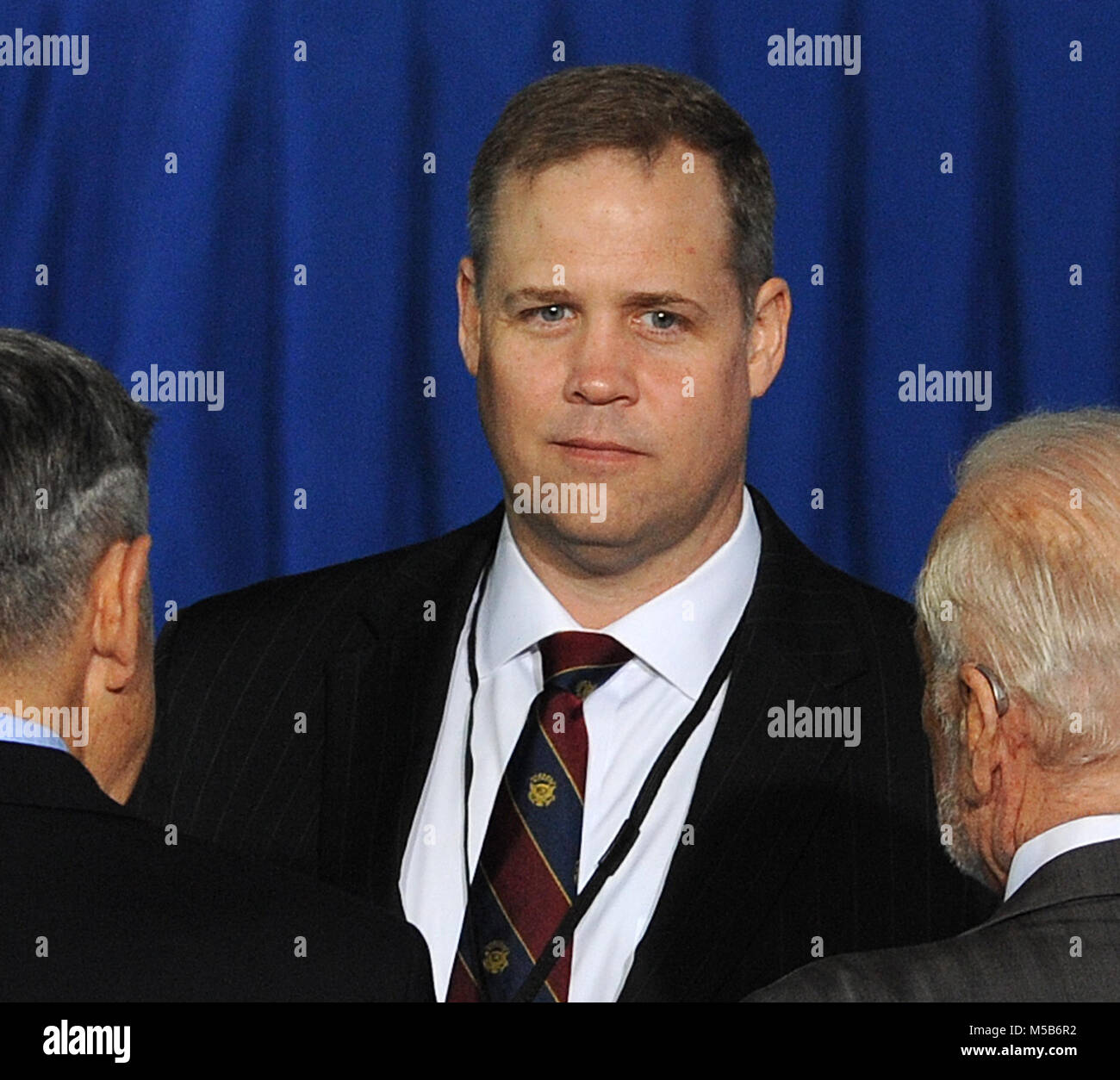Kennedy Space Center, USA. February 21, 2018 - Republican Congressman Jim Bridenstine of Oklahoma, President Donald Trump's controversial nominee for NASA Administrator, speaks with attendees prior to the second meeting of the National Space Council, chaired by Vice President Mike Pence,. The Trump administration re-established the council in June, 2017. Credit: Paul Hennessy/Alamy Live News Stock Photo