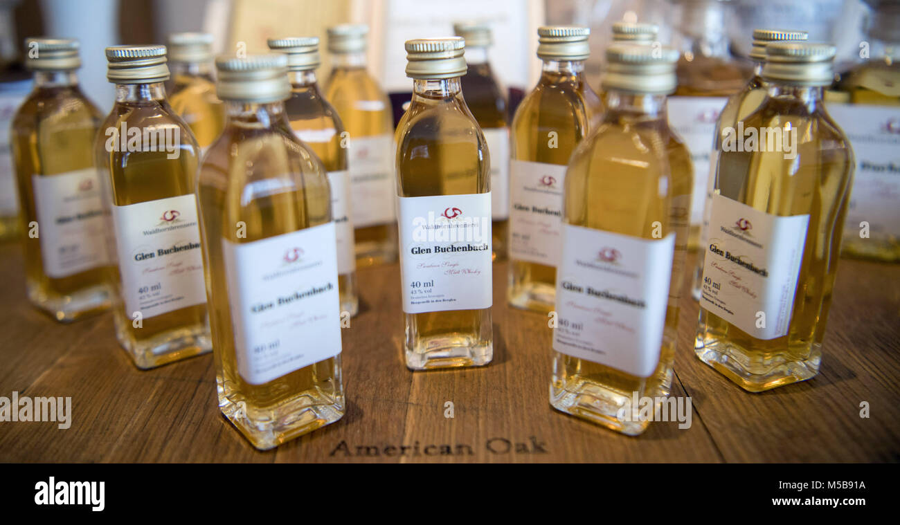21 February 2018, Germany, Berglen: Small bottles of 'Glen Buchenbach' stand on the table of the Waldhorn distillery's shop. The European Court of Justice is to decide whether a Single Malt Whisky from Swabia is allowed to be called 'Glen'. The Scotch Whisky Association sees an indirect and reference to the trademarked geographical indication 'Scotch Whisky'. Photo: Sebastian Gollnow/dpa Stock Photo