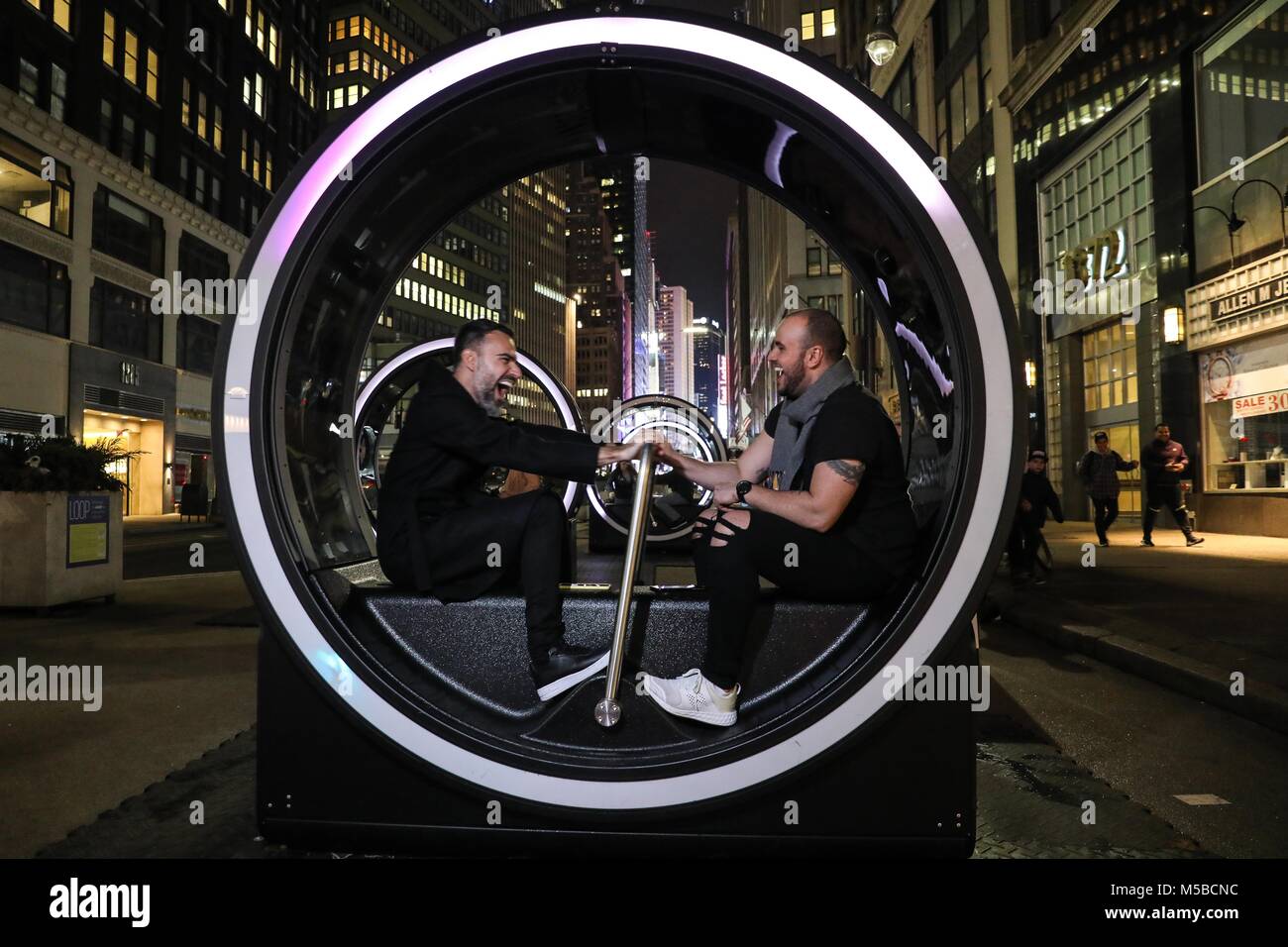 New York, USA. 22nd February, 2018.  Loop was created by artists Olivier Girouard and Jonathan Villeveuve. It is on display until March 31 at the Garment District’s pedestrian plazas located between West 37th and 38th streets in New York City (PHOTO: WILLIAM VOLCOV/BRAZIL PHOTO PRESS) Credit: Brazil Photo Press/Alamy Live News Stock Photo