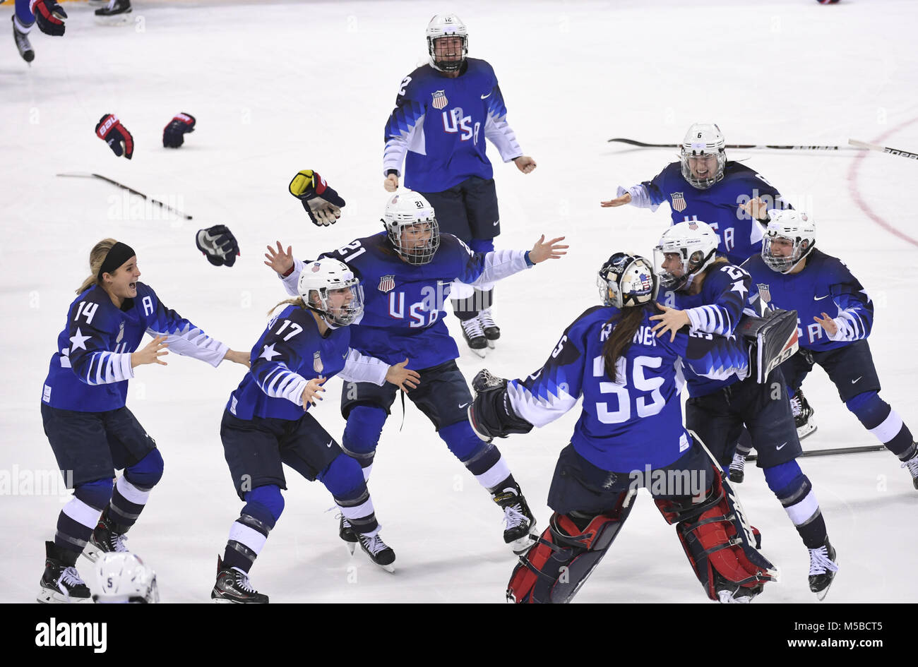 Pyeongchang, South Korea. 18th Feb, 2018. Team USA celebrate after