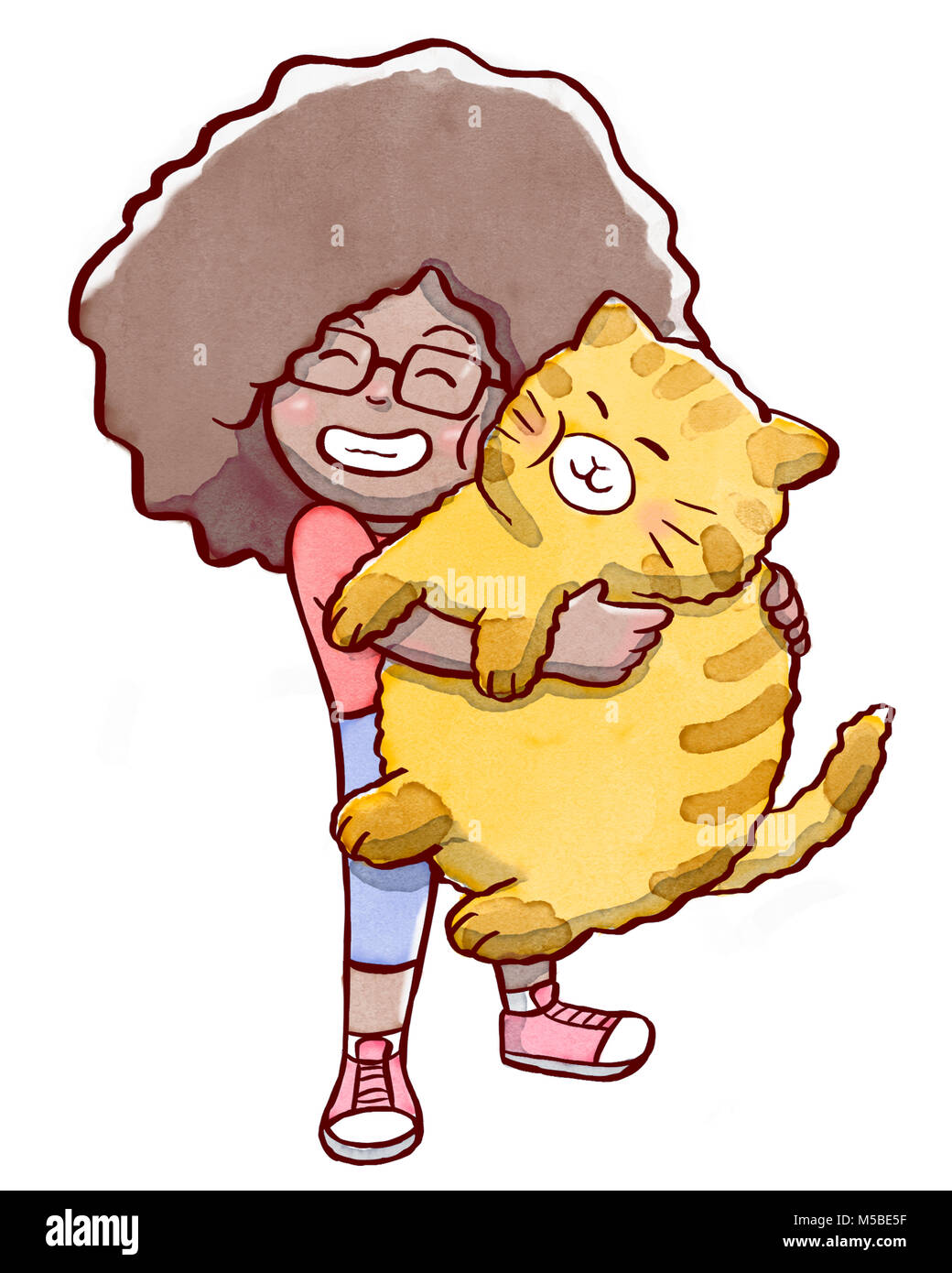 Little black girl hugging a big fat cat. White background version Stock Photo