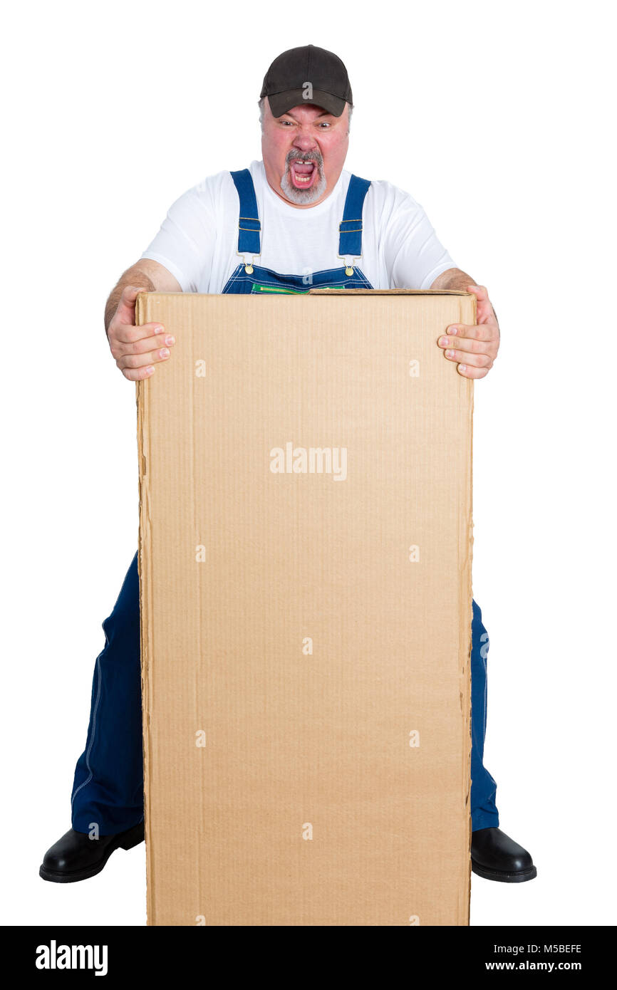 Delivery man lifting large heavy package against white background Stock