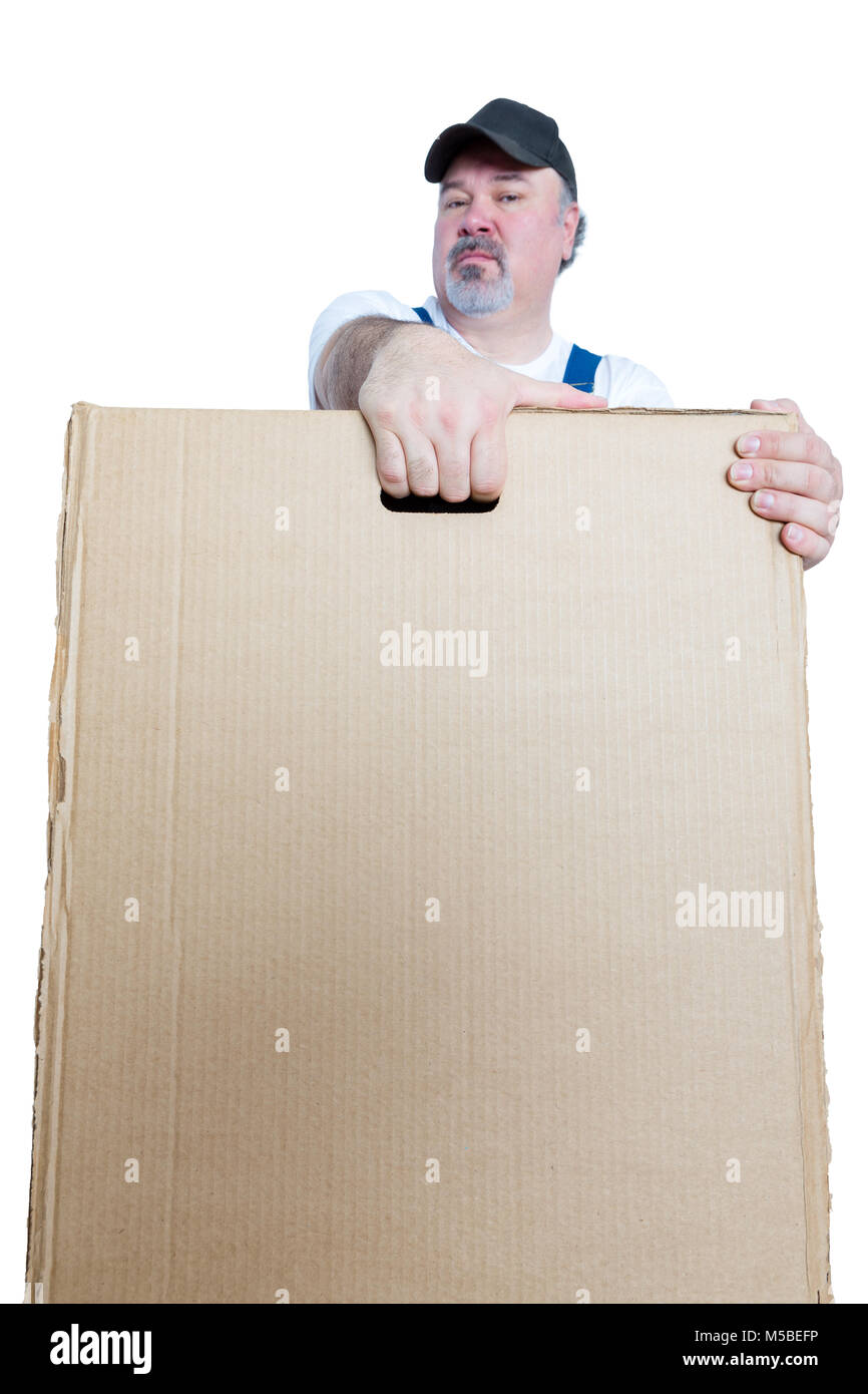Man carrying large cardboard box against white background Stock Photo ...