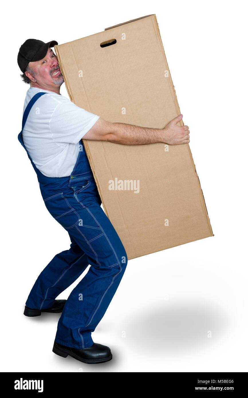 Delivery man lifting heavy cardboard box against white background Stock Photo