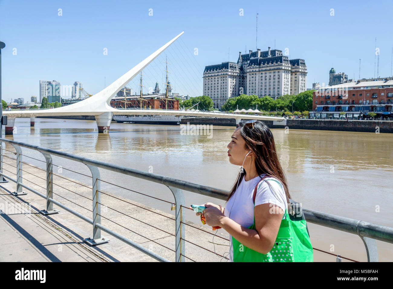Buenos Aires Argentina,Puerto Madero,Rio Dique,water,riverfront,city  skyline,Puente De La Mujer,pedestrian suspension swing bridge designed  architect Stock Photo - Alamy