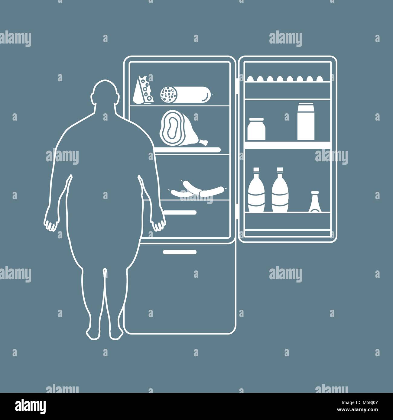 Fat man stands at the fridge full of food. Harmful eating habits. Design for banner and print. Stock Vector