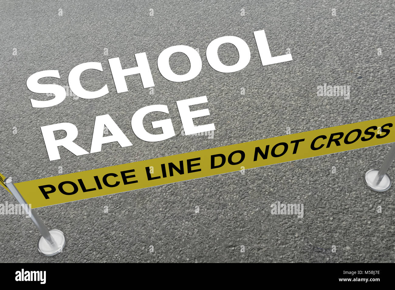 3D illustration of SCHOOL RAGE title on the ground in a police arena ...