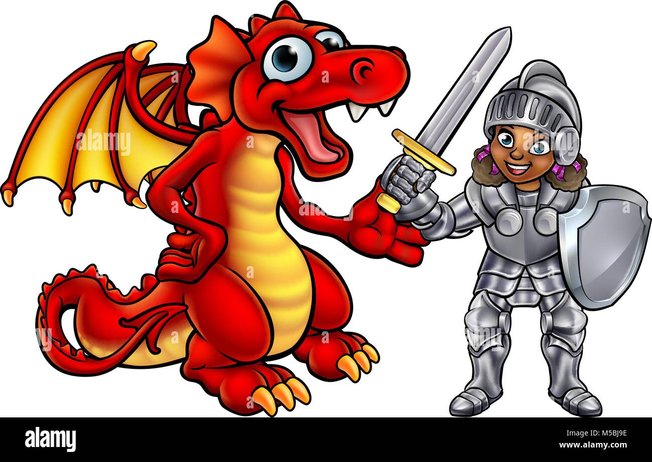 Dragon and Knight Cartoon Characters Stock Vector