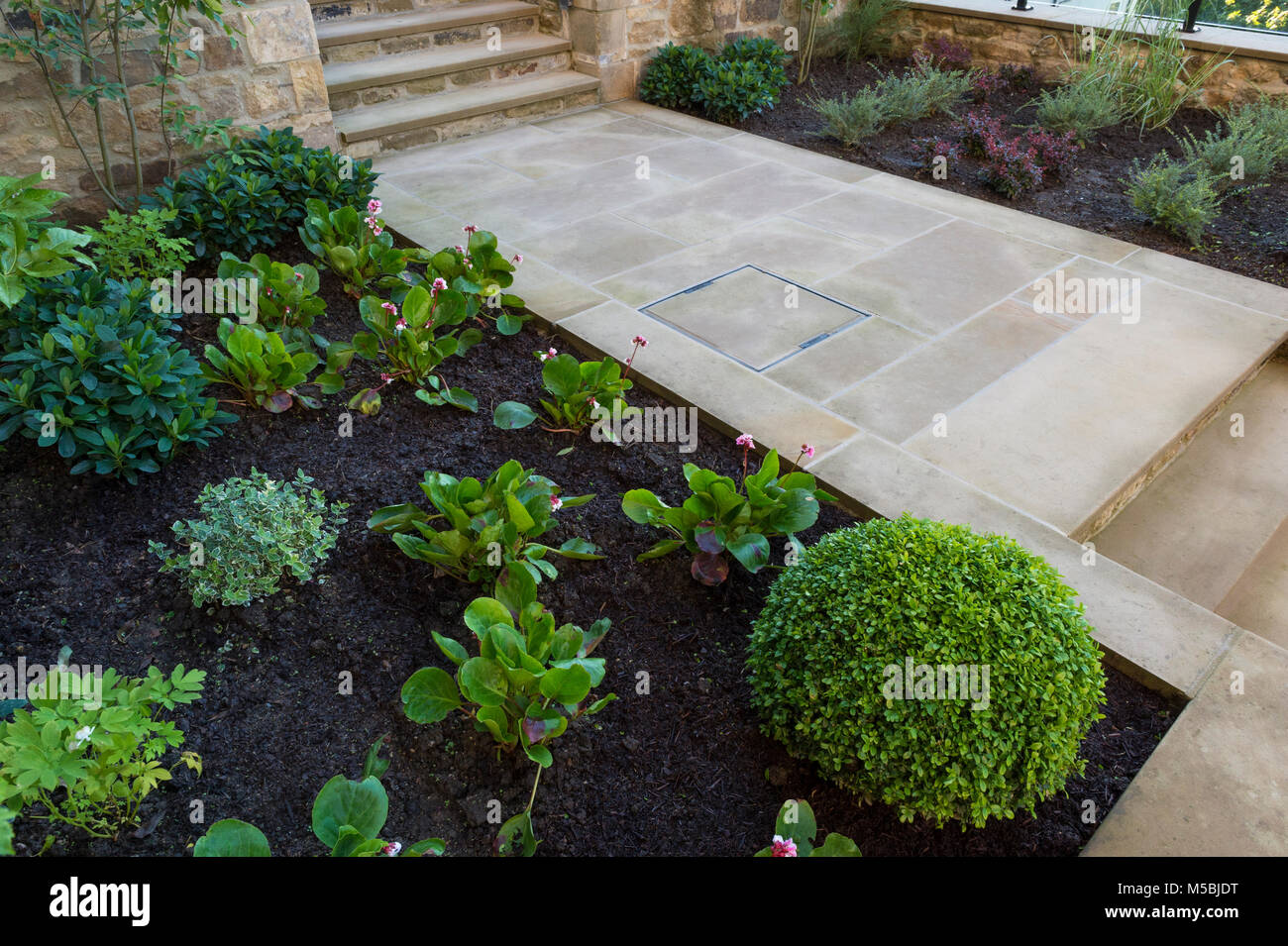 Small corner of beautiful, landscaped, private garden with contemporary design, paved path & steps, border shrubs & plants - Yorkshire, England, UK. Stock Photo