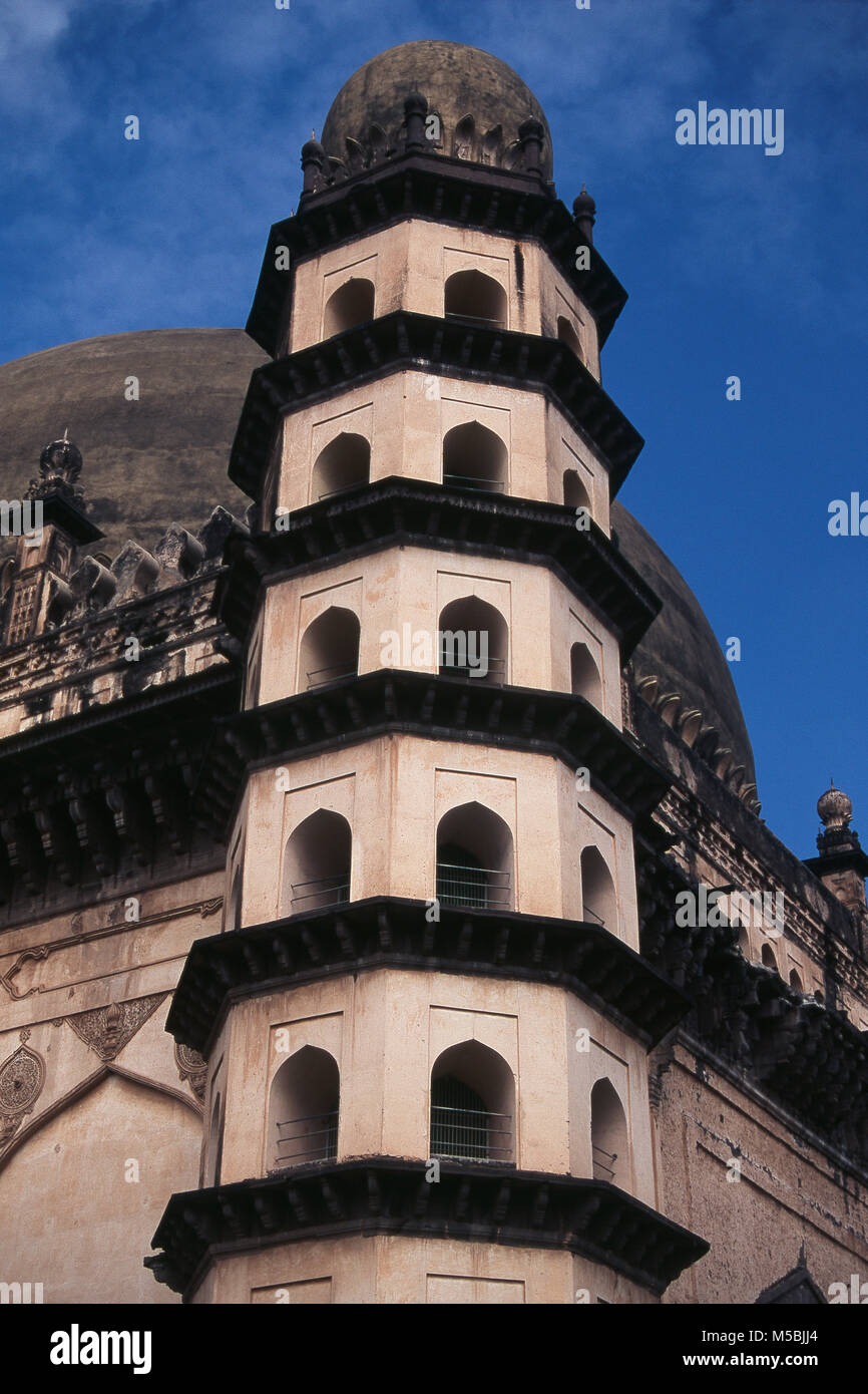 Close up of tower Gol Gumbaz Bijapur Karnataka, India Stock Photo