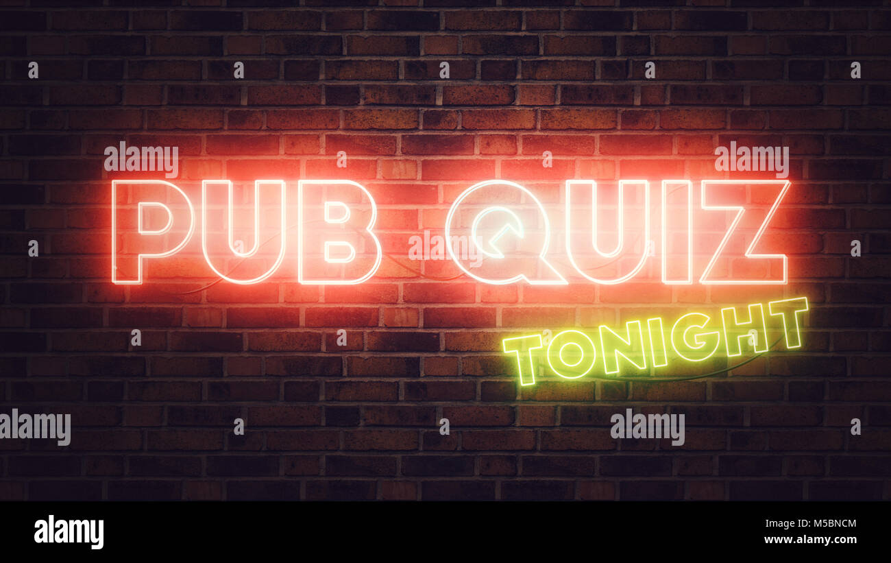 Pub Quiz neon sign mounted on brick wall, 3d render illustration Stock Photo