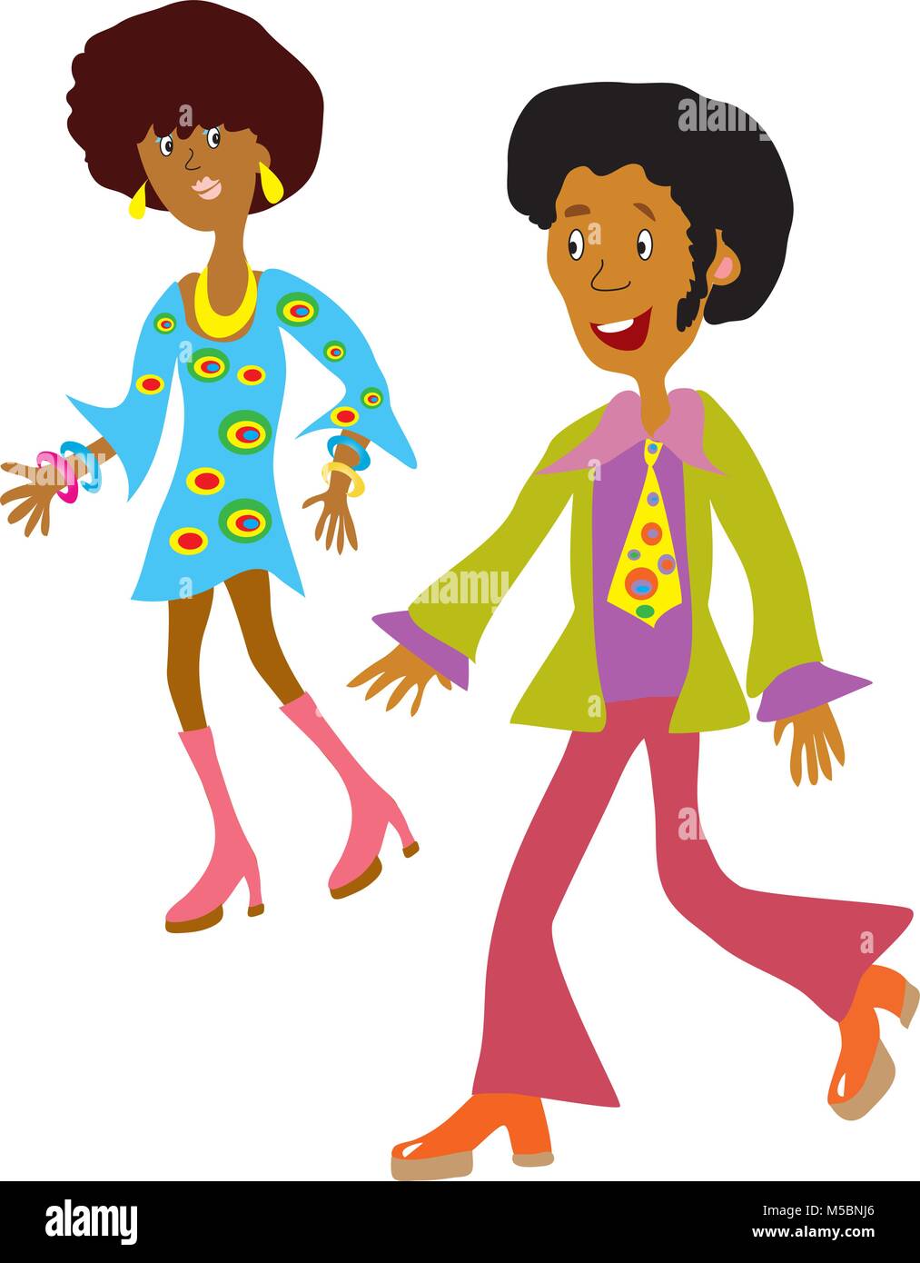 a cartoon afro american couple in the fashionable clothes of the 1970s Stock Vector
