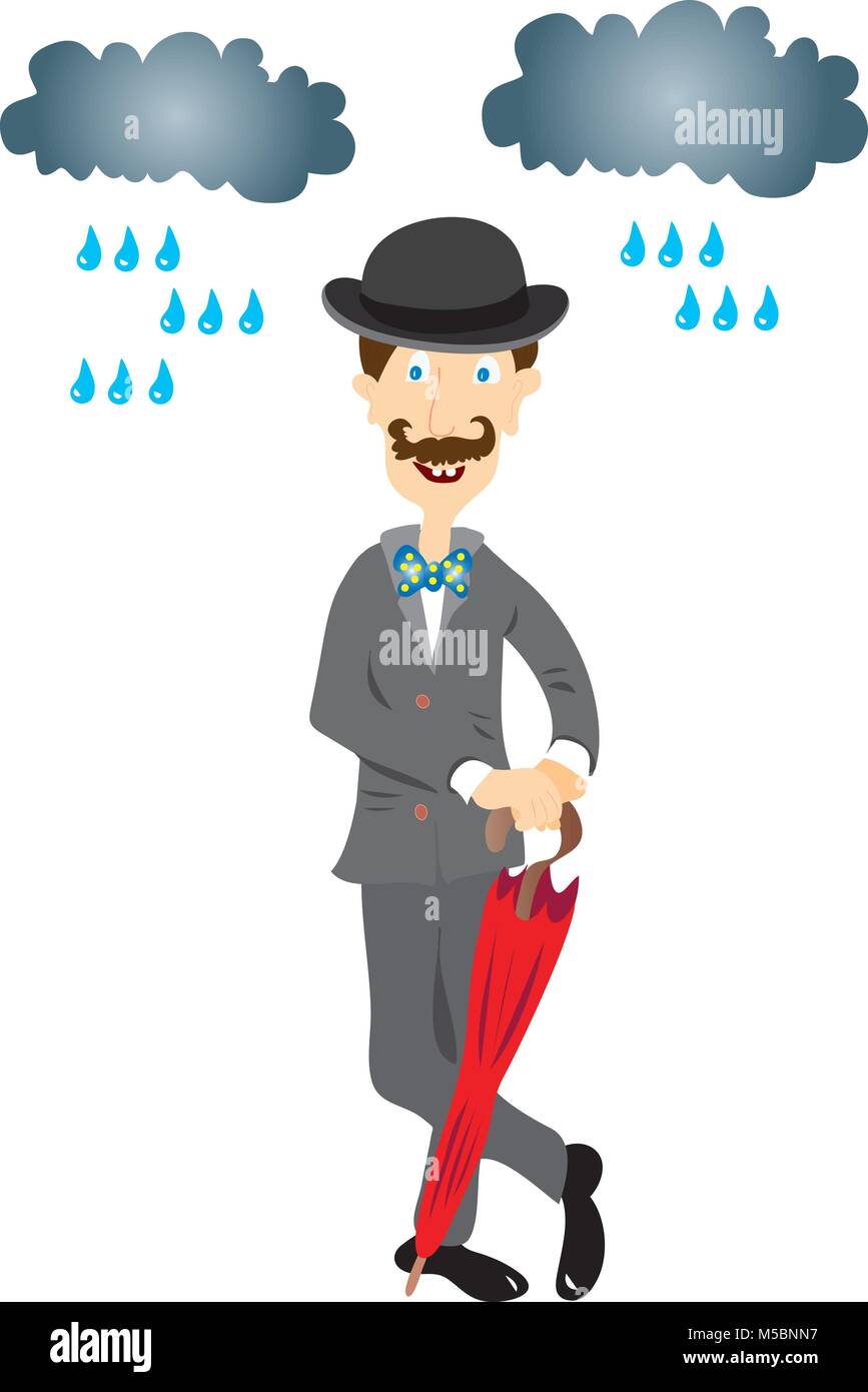 A cartoon English gentleman with a handlebar mustache, wearing a black bowler hat and carrying a red umbrella Stock Vector