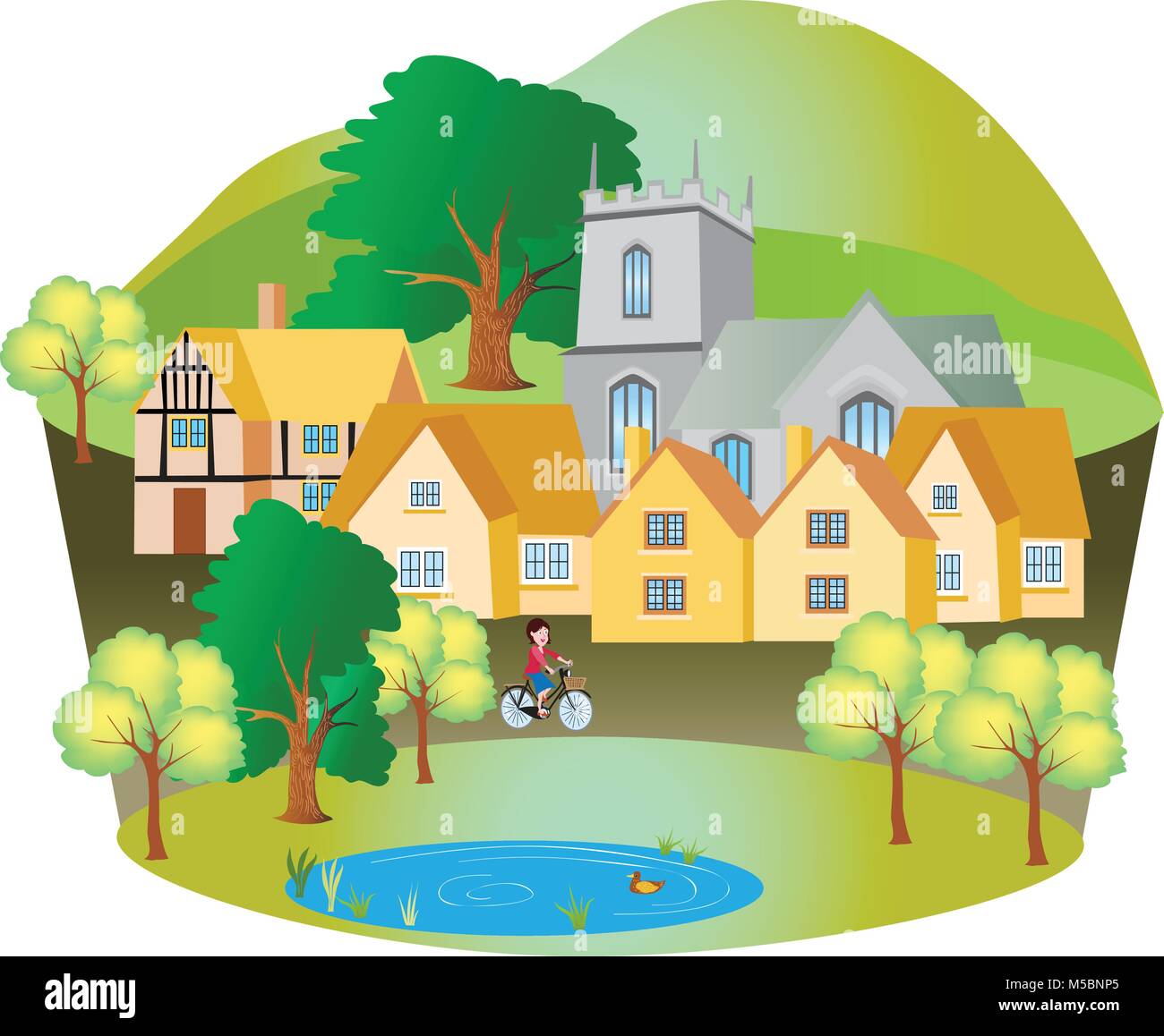 A cartoon english village with a church,quaint houses, and a village duck pond. A large yew tree and a lady cyclist. Stock Vector