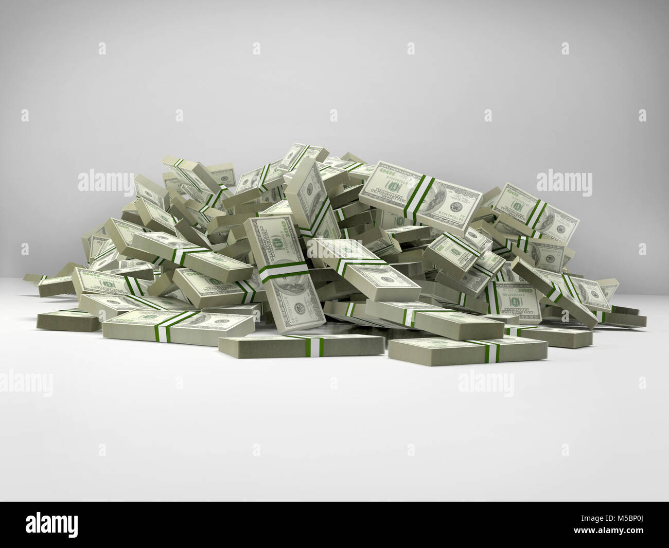 Pile of 100 dollar bill wads on white Stock Photo