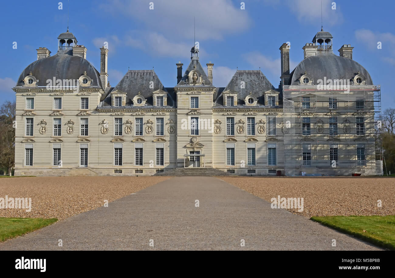 Facade of the renaissance masterpiece Chateau de Cheverny near to Sologne in France, undergoing renovation work Stock Photo