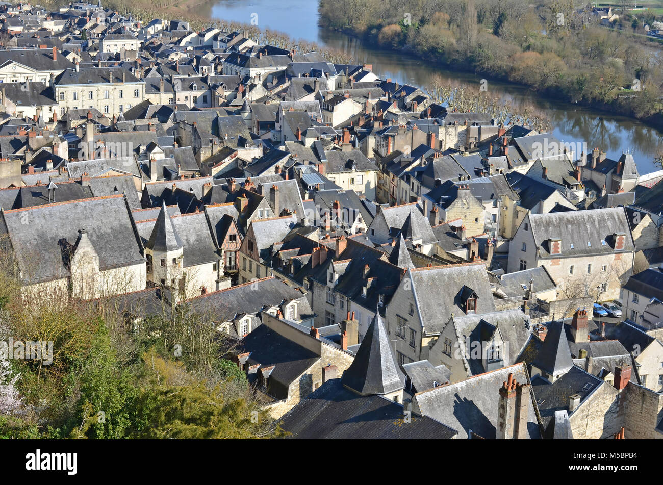 The slate roofs of the medieval fortress town of Chinon on the banks of the river Vienne, in France Stock Photo