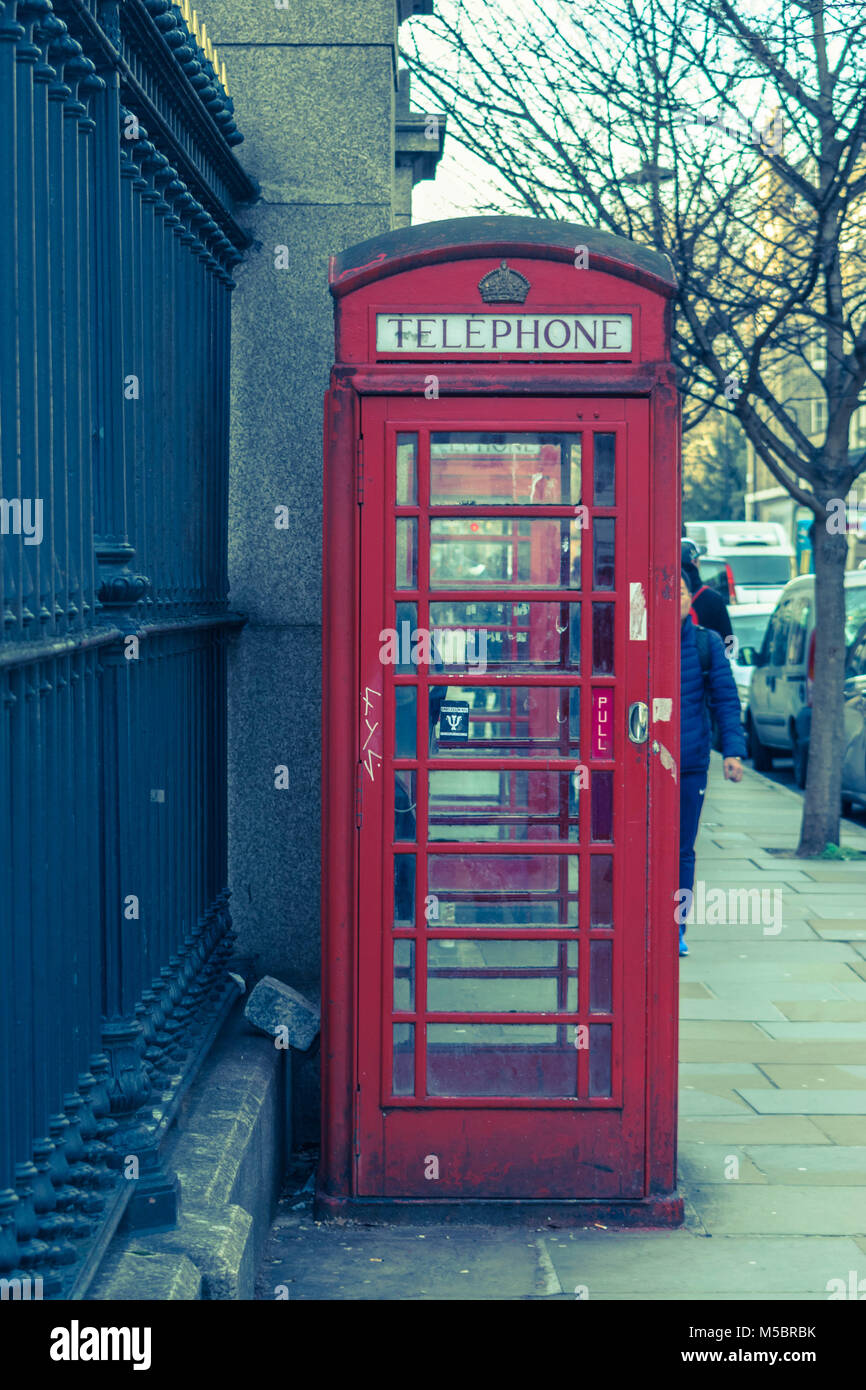 London, United Kingdom, February 17, 2018: Traditional London Red Telephone box Stock Photo