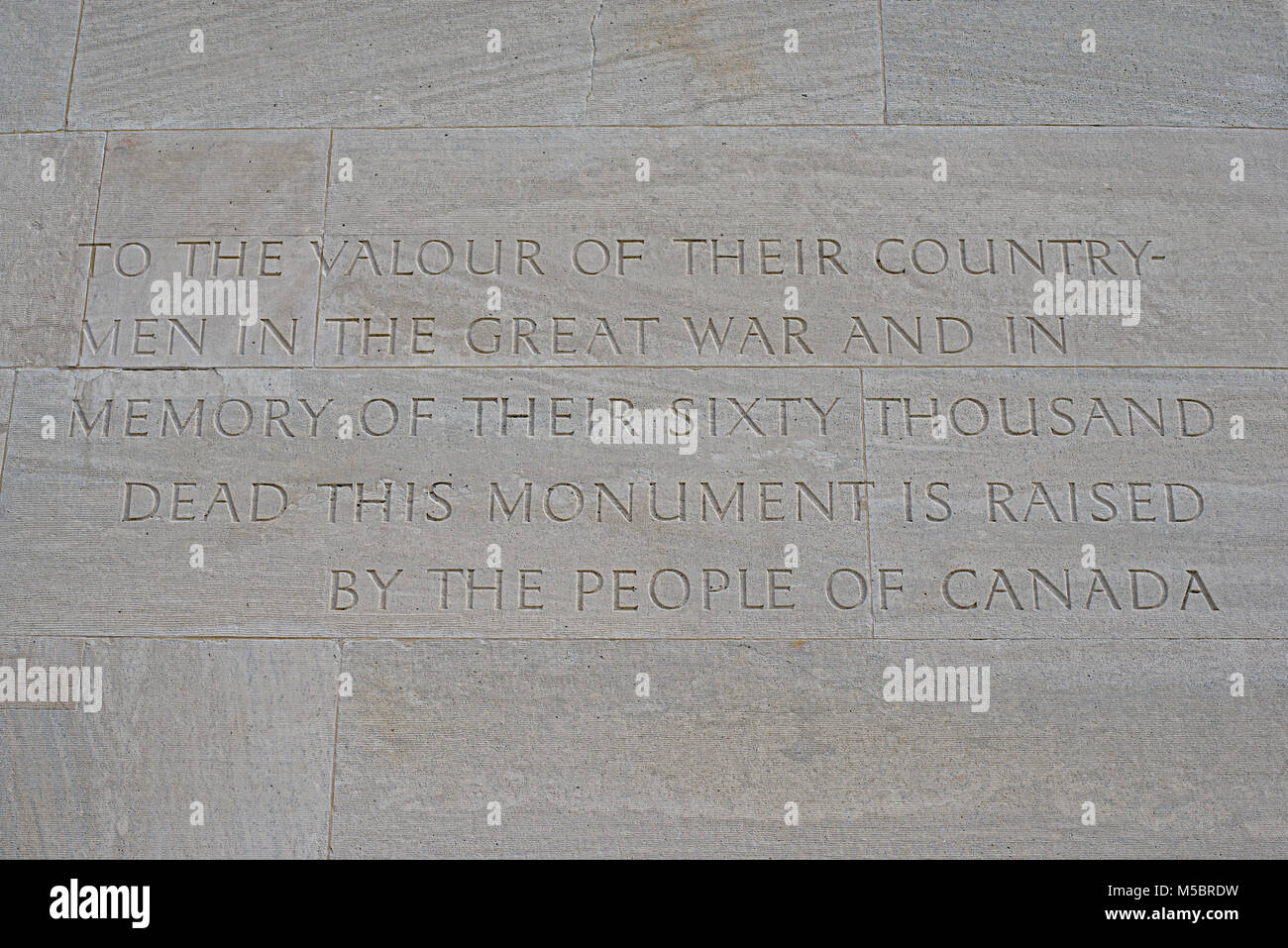 The Inscription on the Canadian National Vimy Memorial, France Stock Photo