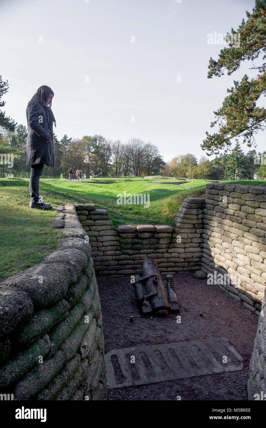 A visitor touring the preserved trenches dating from the Battle of Vimy Ridge during WWI. Stock Photo