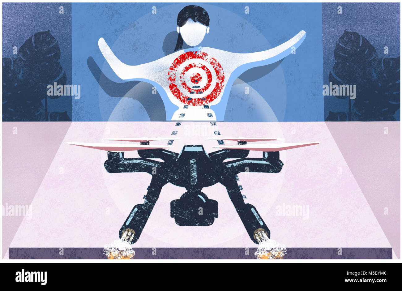 Drone attacking a women. Drone targeting a human. Autonomous drone seeking out human target. Stock Photo