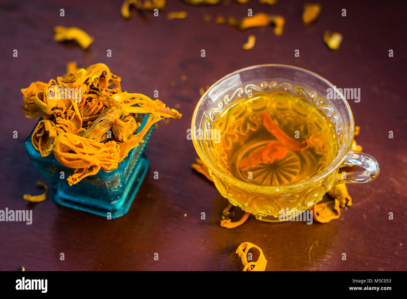 Close up of tea of mace,javantri,Myristica fragrans with raw mace Stock