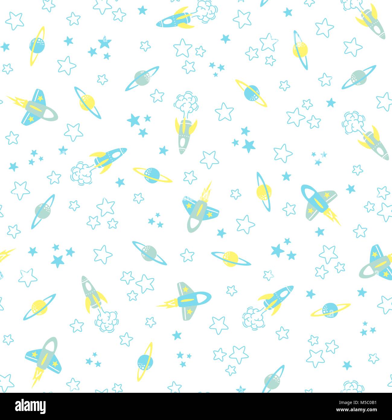 seamless pattern with spaceships, planets and stars on white background ...