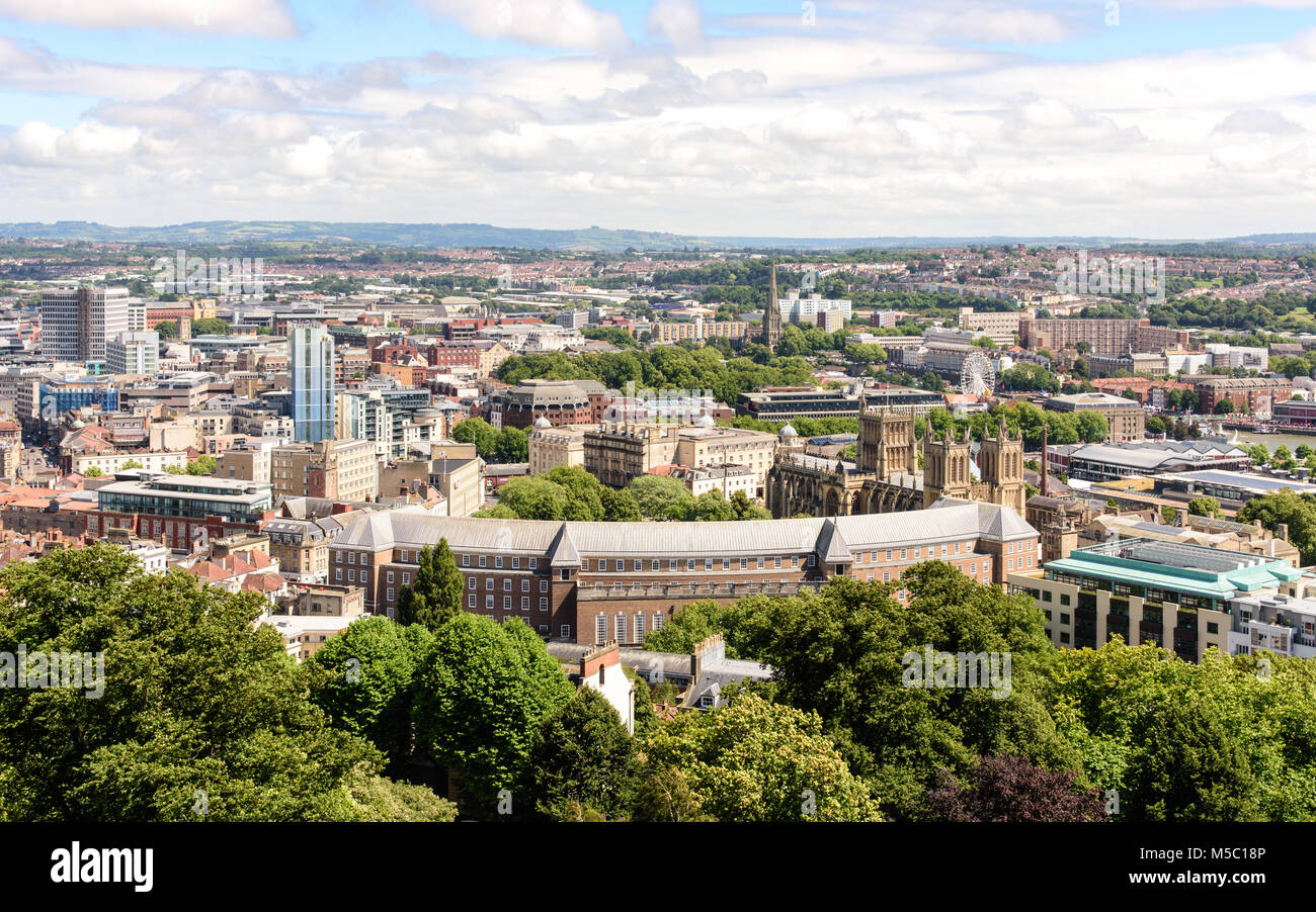 Bristol, England, UK - July 17, 2016: City Hall and Bristol Cathedral stand prominent in the cityscape of Bristol seen from the Cabot Tower. Stock Photo