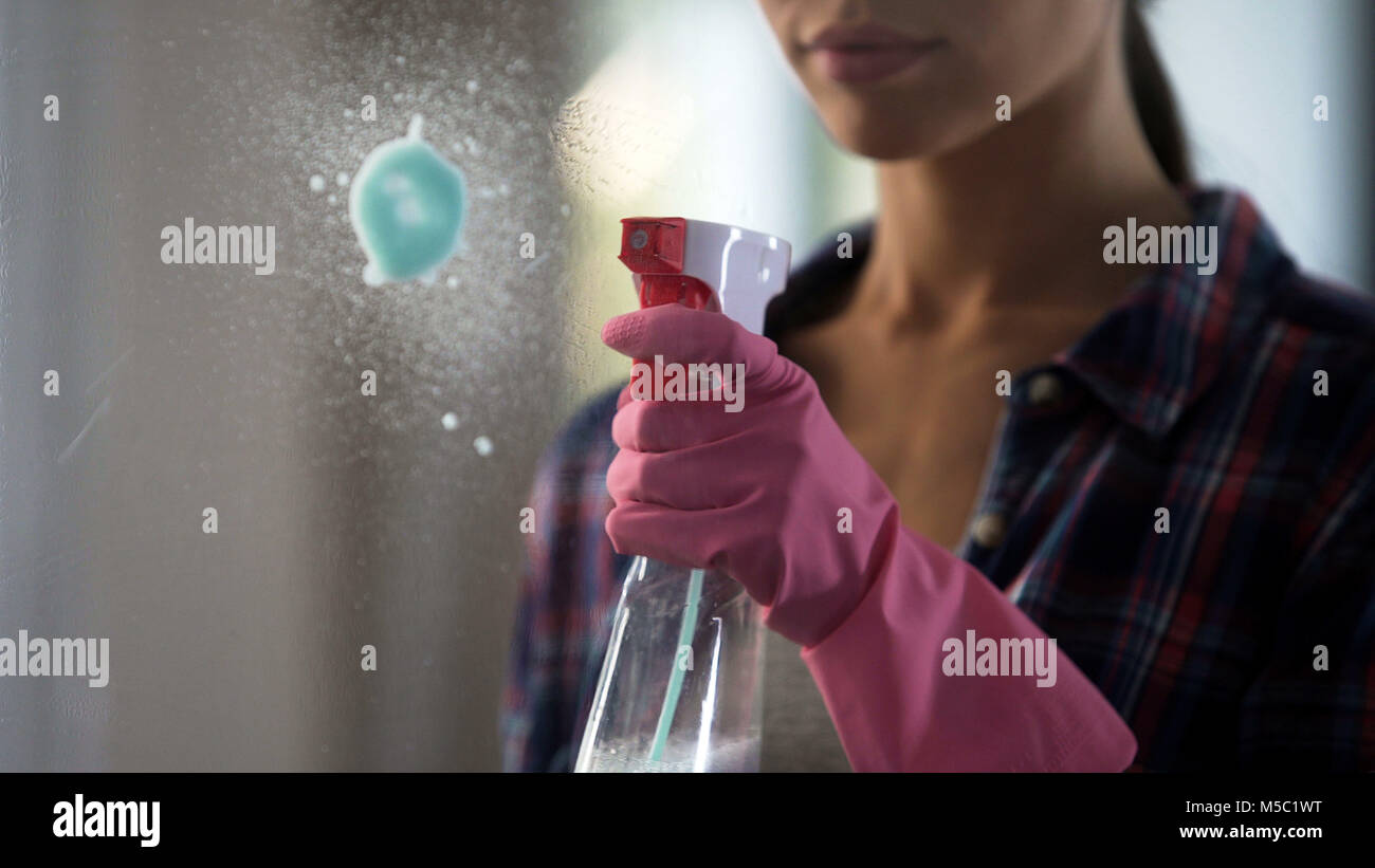 Woman masterfully struggling with stains on glass, using new cleaning agent , stock footage Stock Photo