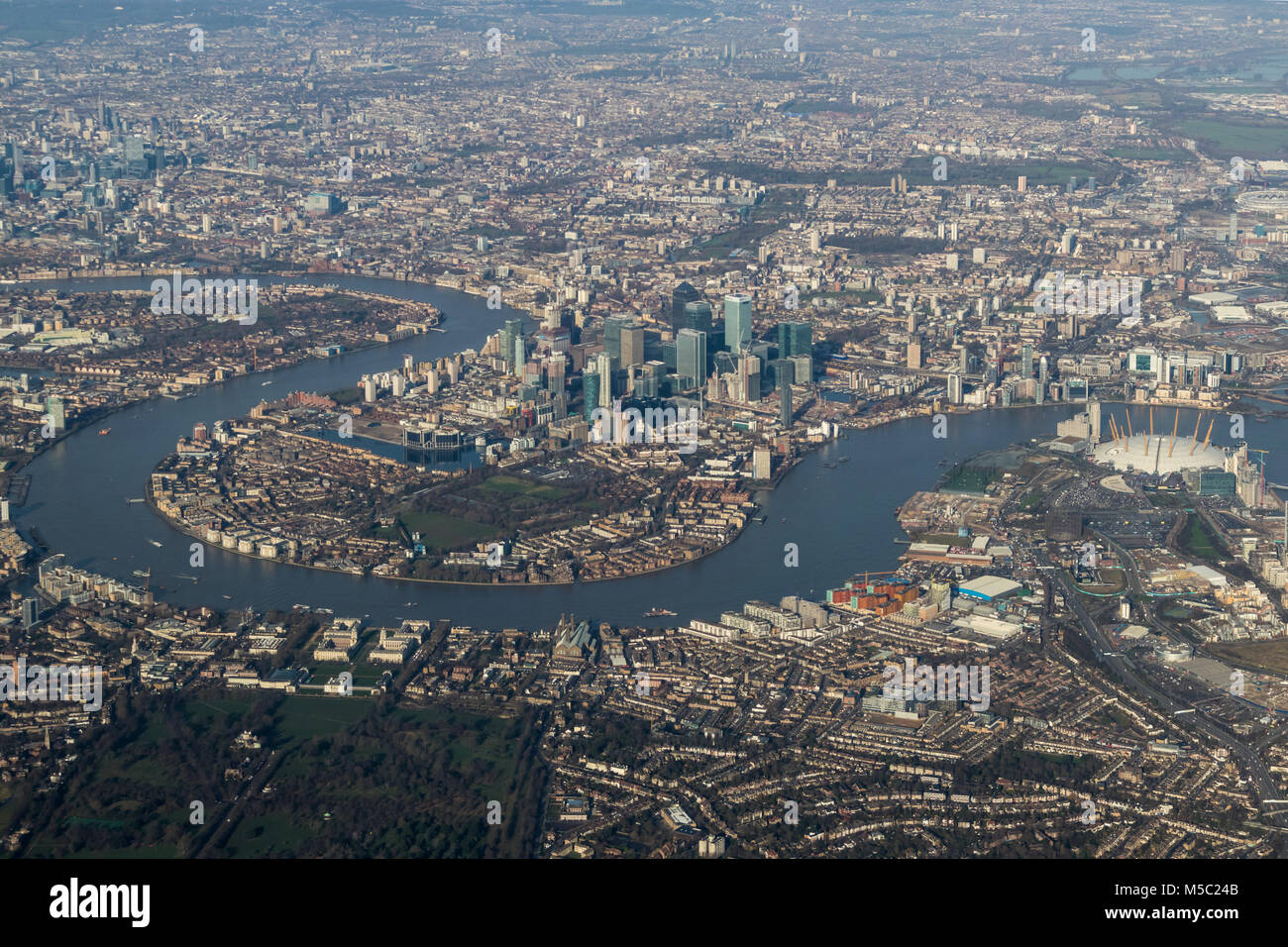 Aerial view of Canary Wharf, London from the south. Stock Photo