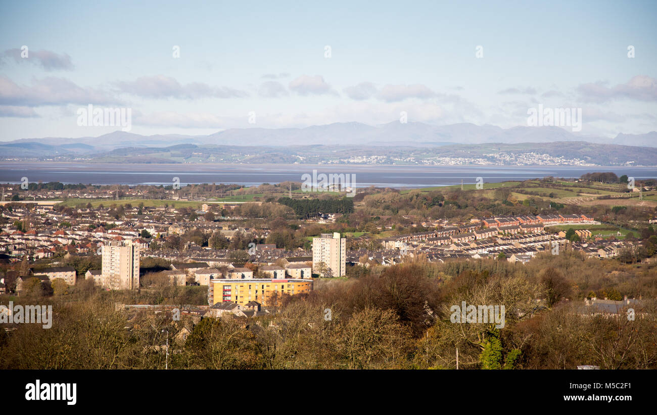 Lancaster, England, UK - November 12, 2017: The cityscape of Lancaster, with Morecambe Bay and the mountains of the Lake District behind, viewed from  Stock Photo
