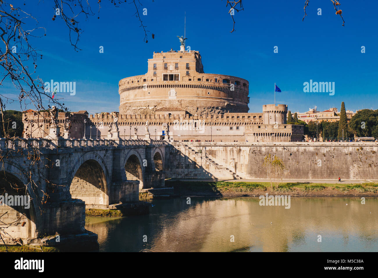 View of Sant Angelo Castle and Sant Angelo Bridge over Tiber River in Rome, Italy Stock Photo