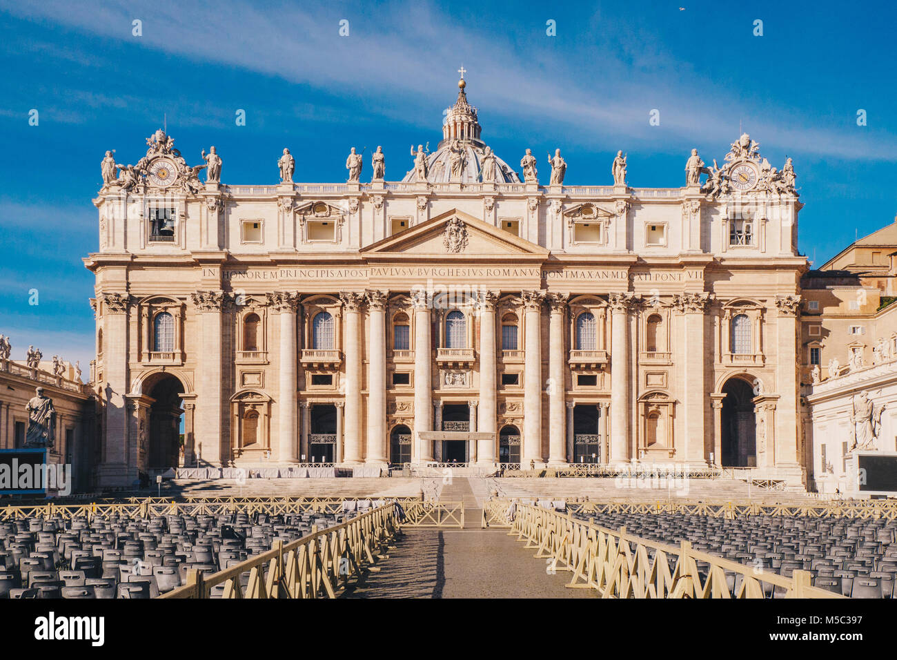 St. Peter's square and Saint Peter's Basilica in the Vatican City in Rome, Italy Stock Photo