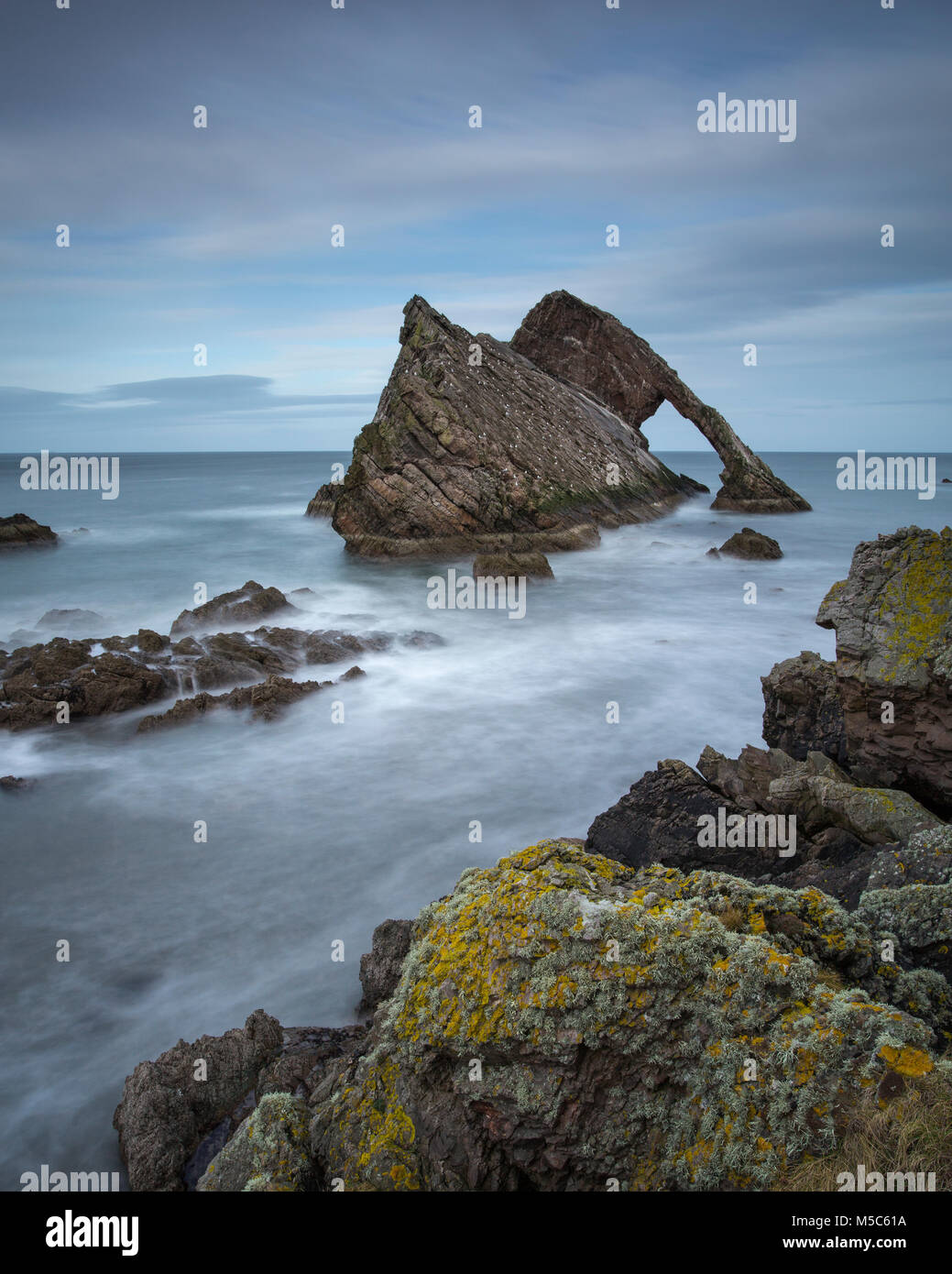 Bow Fiddle Rock near Portknockie, Moray, Scotland, UK. Long exposure image Stock Photo