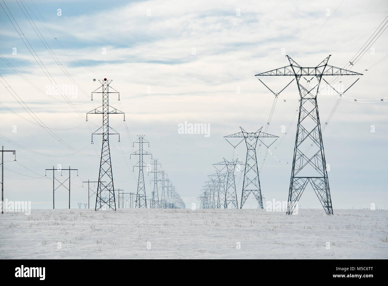 Alberta, Canada. Looking down center of doublerow of electricity pylons/transmission towers on